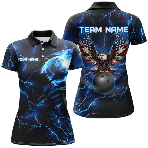 Blue lightning thunder bowling American flag Eagle custom Womens Bowling Polo Shirts, team jerseys NQS7489