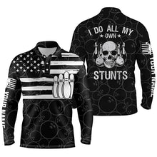 Load image into Gallery viewer, Black Mens polo bowling shirts Custom American flag patriotic I do all my own stunts skull Jerseys NQS5486