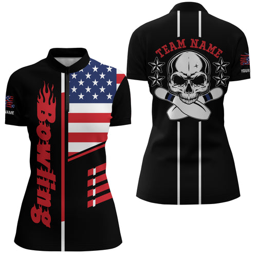 Bowling Quarter-Zip Shirt Women Bowling Jerseys Personalized American flag skull Bowling Team Shirts NQS5489