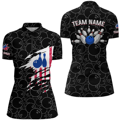 Bowling Quarter-Zip Shirt Women Bowling Jerseys Personalized American flag black Bowling Team Shirts NQS5491