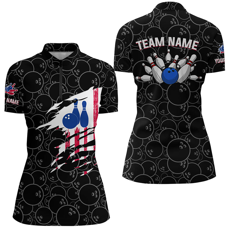 Bowling Quarter-Zip Shirt Women Bowling Jerseys Personalized American flag black Bowling Team Shirts NQS5491