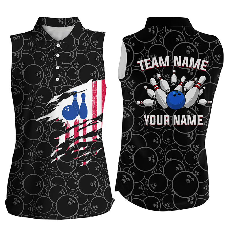 Bowling sleeveless polo Shirt Women Bowling Jersey Personalized American flag black Bowling Team Shirt NQS5491
