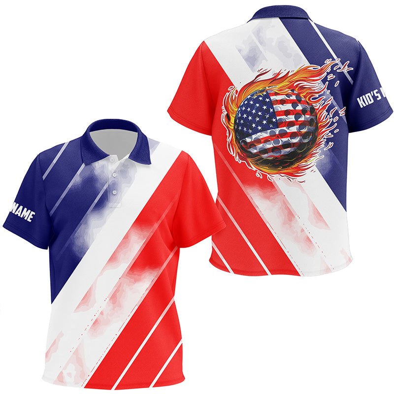 Kid golf polos shirts custom red white and blue American flag golf ball fire, patriotic golf gifts NQS7841