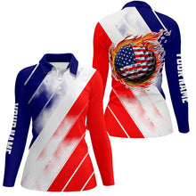 Load image into Gallery viewer, Womens golf polo shirt custom red white and blue American flag golf ball fire, patriotic golf gifts NQS7841