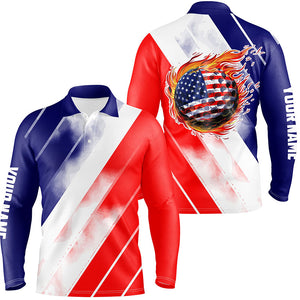 Mens golf polos shirts custom red white and blue American flag golf ball fire, patriotic golf gifts NQS7841