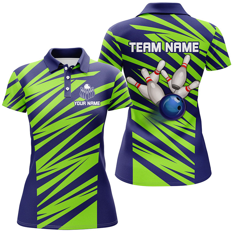 Blue And Green Strike Bowling Polo, Quarter Zip Shirts For Women, Custom Name Bowling Team Jerseys NQS7844