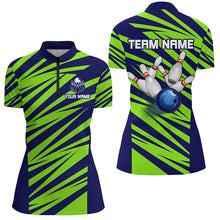 Load image into Gallery viewer, Blue And Green Strike Bowling Polo, Quarter Zip Shirts For Women, Custom Name Bowling Team Jerseys NQS7844