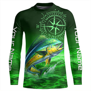 Personalized Mahi mahi Green Long Sleeve Performance Fishing Shirts, Dorado compass tournament Shirts NQS5951