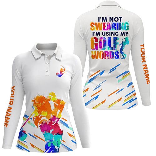 Watercolor white Womens golf polo shirts personalized I'm not swearing I'm using my golf words NQS5956