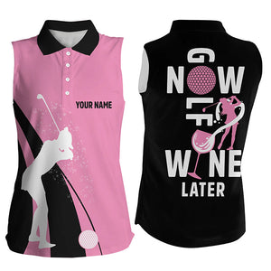 Funny black and pink sleeveless golf polo shirts for women custom golf now wine later women golf tops NQS8065