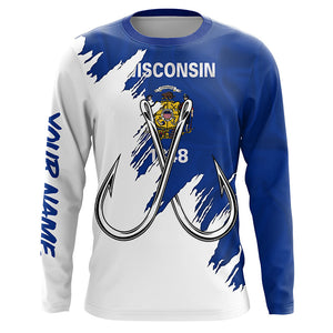 Wisconsin flag WI Fishing Fish Hook UV protection custom long sleeve Patriotic fishing apparel NQS8273