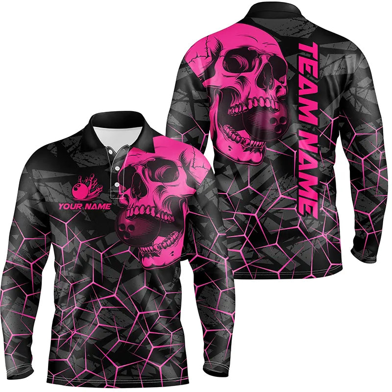 Black Skull camo bowling shirt for men custom bowling team jerseys, gifts for bowlers | Pink NQS8277