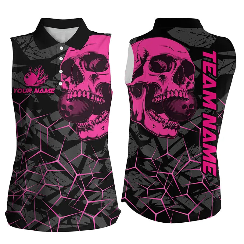 Black Skull camo bowling Sleeveless Polo shirts custom bowling team jerseys | Pink NQS8277