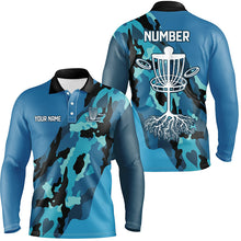 Load image into Gallery viewer, Blue Camo Mens golf polo shirts custom name and number disc golf team jerseys, frisbee golf shirts NQS8491