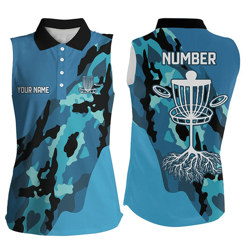 Blue Camo Women Sleeveless polo shirt custom name & number disc golf team jerseys, frisbee golf shirts NQS8491