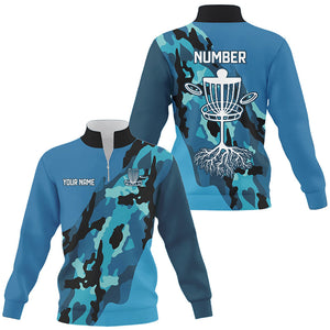 Blue Camo Quarter zip golf sweatshirt custom name and number disc golf jerseys, frisbee golf shirts NQS8491