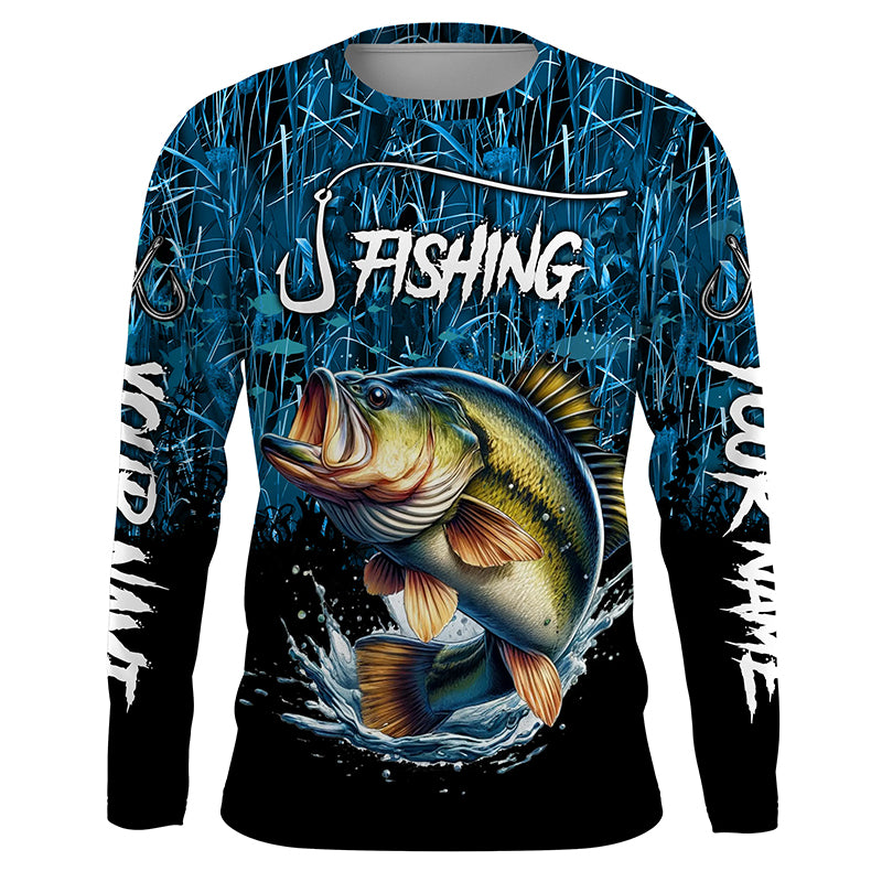 Largemouth bass Fish blue camo fishing Custom name long sleeves fishing shirts NQS4142