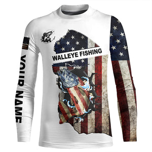 American flag Walleye patriotic fishing UV long sleeve shirts Custom name fishing apparel NQS2513