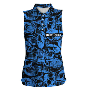 Blue skull camo pattern Women sleeveless polo Shirt custom cool golf shirts for ladies, best golf gift NQS8958