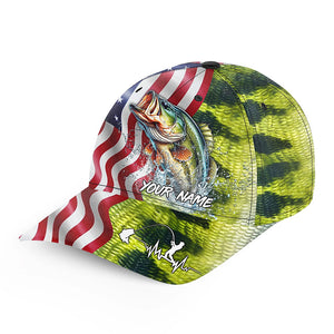 Largemouth bass fishing scales American Flag Custom patriotic fishing baseball caps for men, women NQS8966