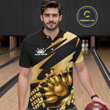 Load image into Gallery viewer, Black and Gold Bowling Polo, Quarter Zip Shirts For Men Custom Team bowling jerseys, gift for bowlers NQS11069