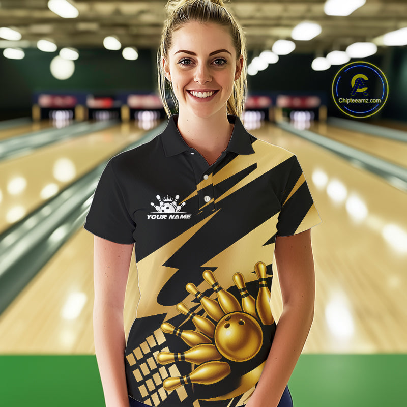Black and Gold Bowling Polo, Quarter Zip Shirt For Women Custom Team bowling jersey, gift for bowlers NQS11069