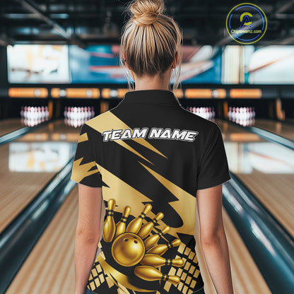 Black and Gold Bowling Polo, Quarter Zip Shirt For Women Custom Team bowling jersey, gift for bowlers NQS11069