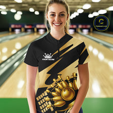 Load image into Gallery viewer, Black and Gold Bowling Polo, Quarter Zip Shirt For Women Custom Team bowling jersey, gift for bowlers NQS11069
