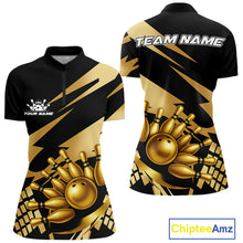 Load image into Gallery viewer, Black and Gold Bowling Polo, Quarter Zip Shirt For Women Custom Team bowling jersey, gift for bowlers NQS11069