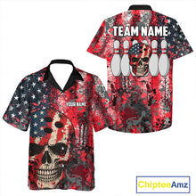 Load image into Gallery viewer, Red, White &amp; Blue American Flag Skull Bowling Hawaiian Shirt Custom patriotic Team Bowling Jersey NQS11275