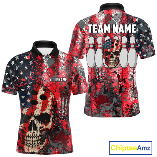 Red, White & Blue American Flag Skull Bowling shirts For Men Custom patriotic Team Bowling Jersey NQS11275