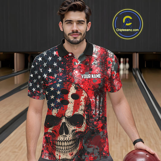 Red, White & Blue American Flag Skull Bowling shirts For Men Custom patriotic Team Bowling Jersey NQS11275
