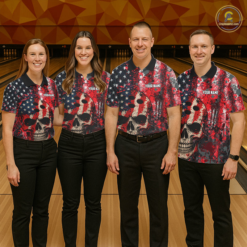 Red, White & Blue American Flag Skull Bowling shirts For Women Custom patriotic Team Bowling Jersey NQS11275