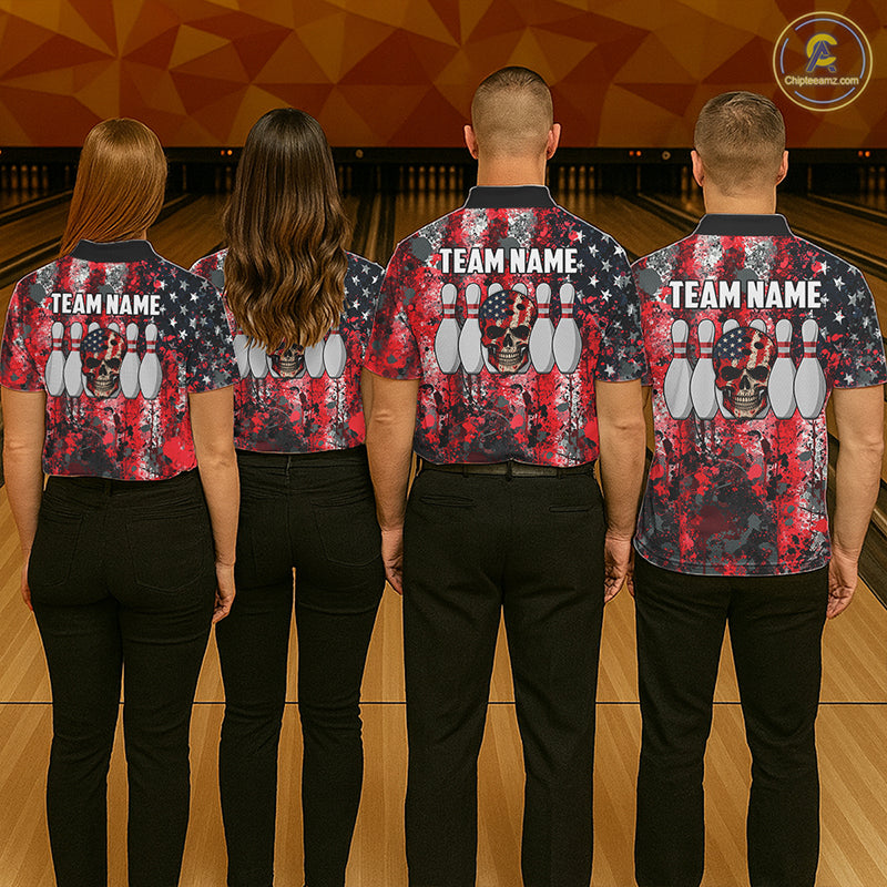 Red, White & Blue American Flag Skull Bowling shirts For Women Custom patriotic Team Bowling Jersey NQS11275