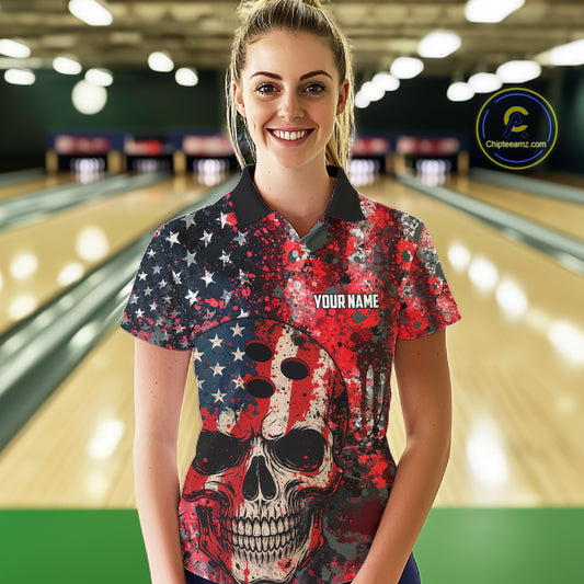 Red, White & Blue American Flag Skull Bowling shirts For Women Custom patriotic Team Bowling Jersey NQS11275