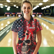 Load image into Gallery viewer, Red, White &amp; Blue American Flag Skull Bowling shirts For Women Custom patriotic Team Bowling Jersey NQS11275
