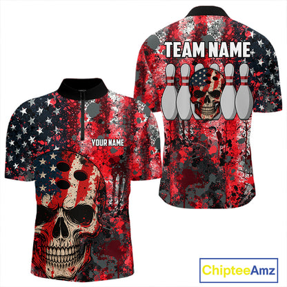 Red, White & Blue American Flag Skull Bowling shirts For Men Custom patriotic Team Bowling Jersey NQS11275