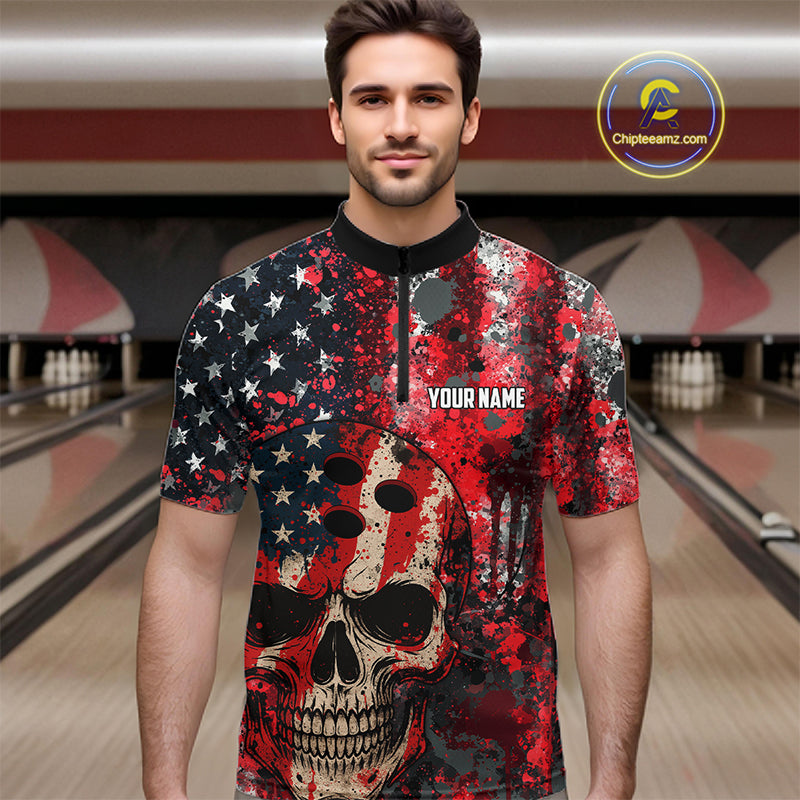 Red, White & Blue American Flag Skull Bowling shirts For Men Custom patriotic Team Bowling Jersey NQS11275