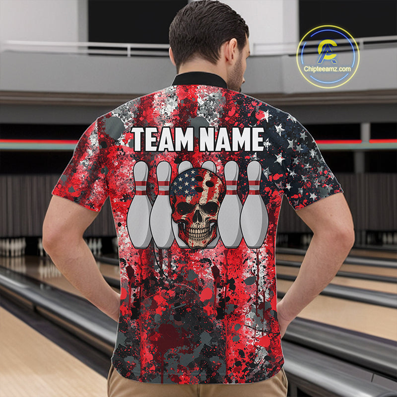 Red, White & Blue American Flag Skull Bowling shirts For Men Custom patriotic Team Bowling Jersey NQS11275