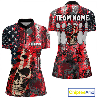 Red, White & Blue American Flag Skull Bowling shirts For Women Custom patriotic Team Bowling Jersey NQS11275