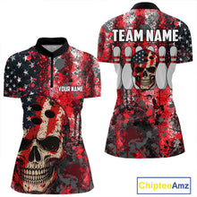 Load image into Gallery viewer, Red, White &amp; Blue American Flag Skull Bowling shirts For Women Custom patriotic Team Bowling Jersey NQS11275