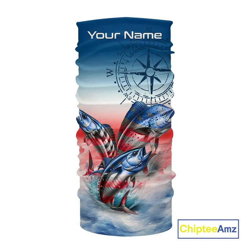 Red, white & blue Mahi Mahi, Wahoo, Tuna Compass Offshore Fishing Custom patriotic Performance Shirt NQS11276