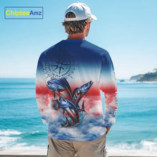 Load image into Gallery viewer, Red, white &amp; blue Mahi Mahi, Wahoo, Tuna Compass Offshore Fishing Custom patriotic Performance Shirt NQS11276