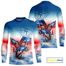 Load image into Gallery viewer, Red, white &amp; blue Mahi Mahi, Wahoo, Tuna Compass Offshore Fishing Custom patriotic Performance Shirt NQS11276