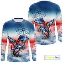Load image into Gallery viewer, Red, white &amp; blue Mahi Mahi, Wahoo, Tuna Compass Offshore Fishing Custom patriotic Performance Shirt NQS11276