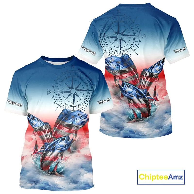 Red, white & blue Mahi Mahi, Wahoo, Tuna Compass Offshore Fishing Custom patriotic Performance Shirt NQS11276