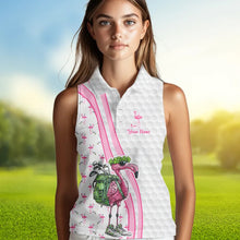 Load image into Gallery viewer, Funny Women sleeveless polos custom pink &amp; white flamingo shamrock lucky golf shirts talk birdie to me NQS9392