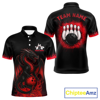 Black and Red Flame Dragon Bowling Polo, 1/4 zip shirts for Men Custom Dragon team bowling jerseys NQS11482