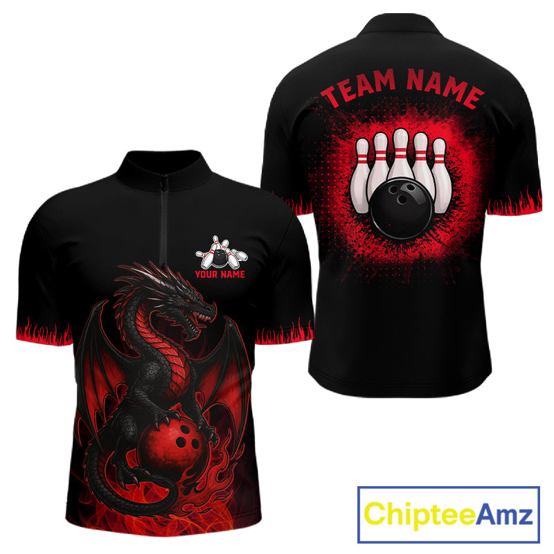 Black and Red Flame Dragon Bowling Polo, 1/4 zip shirts for Men Custom Dragon team bowling jerseys NQS11482