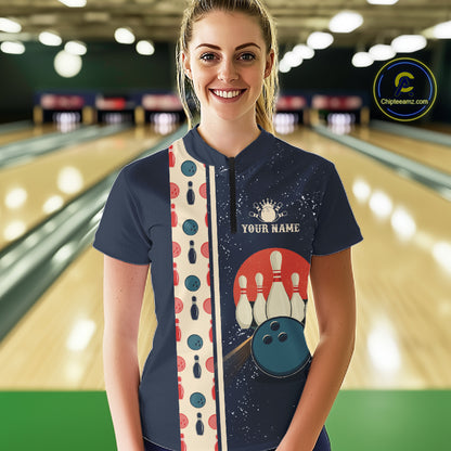 Custom Red, white and blue Eagle Retro Bowling Polo, 1/4 zip Shirts For Women, Bowling Team jerseys NQS11666